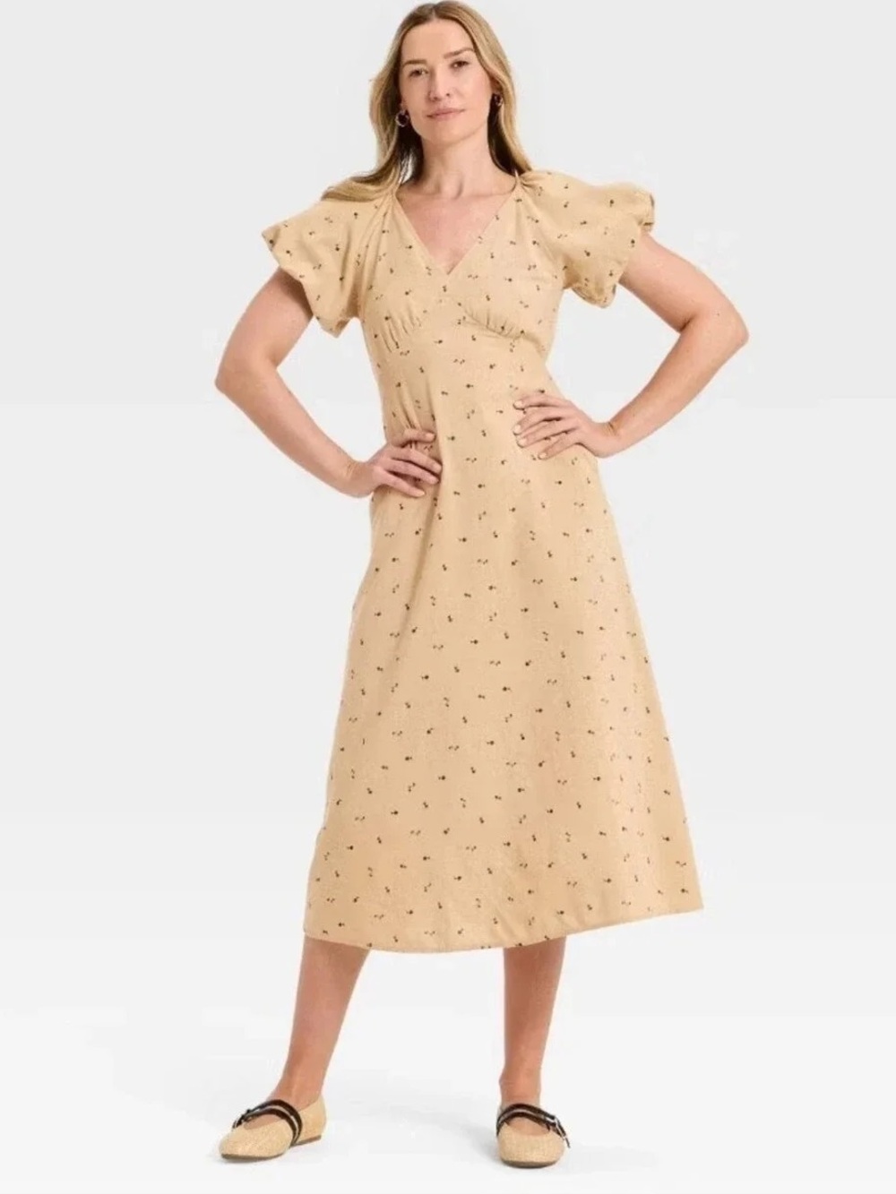 Universal Thread Cream Floral Midi Dress with Puff Sleeves